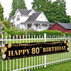 Large Happy 80Th Birthday Decoration Banner, Black and Gold Happy 80Th Birthday