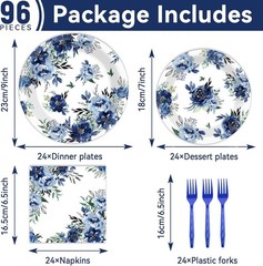 96-Piece Peony Party Tableware Set with Plates, Napkins and Forks for 24 Guests