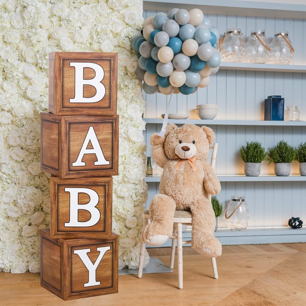 Baby Shower Boxes for Birthday Decorations – 4 Wood Grain Brown BABY Balloon …