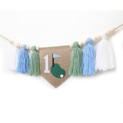 Golf Theme 1st Birthday Tassels High Chair Banner – Green Blue Golf Hole In O…