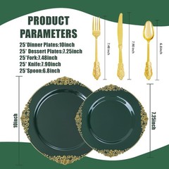 125PCS Green and Gold Plastic Plates – Fancy Green Disposable Plates – Vintag…