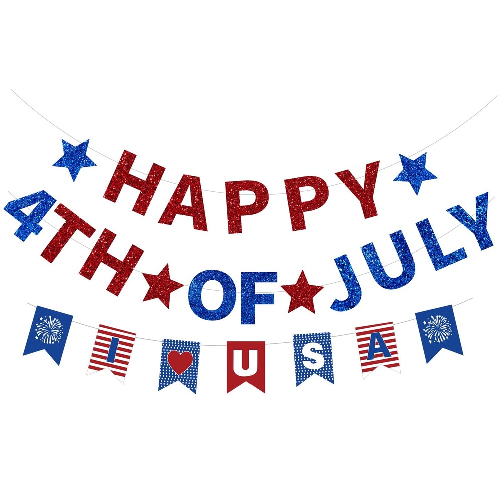 Happy 4th of July Banner, Red White Blue Hanging Garland, Patriotic Banners D…
