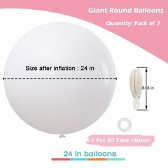 7 Pcs 24 Inch White Balloons Giant Round Balloons with 30 Yard Ribbon for Par…