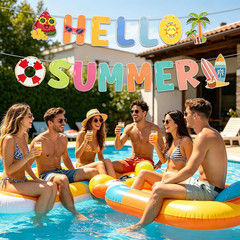 Hello Summer Banner, Colorful Summer Party Decorations with Sun Sunglasses Swimm