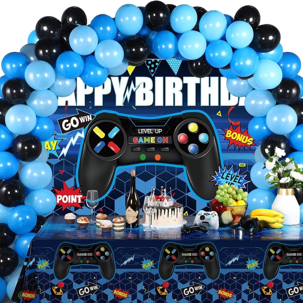 Vibrant Blue and Black Video Game Party Set – Perfect for Gamers’ Birthdays