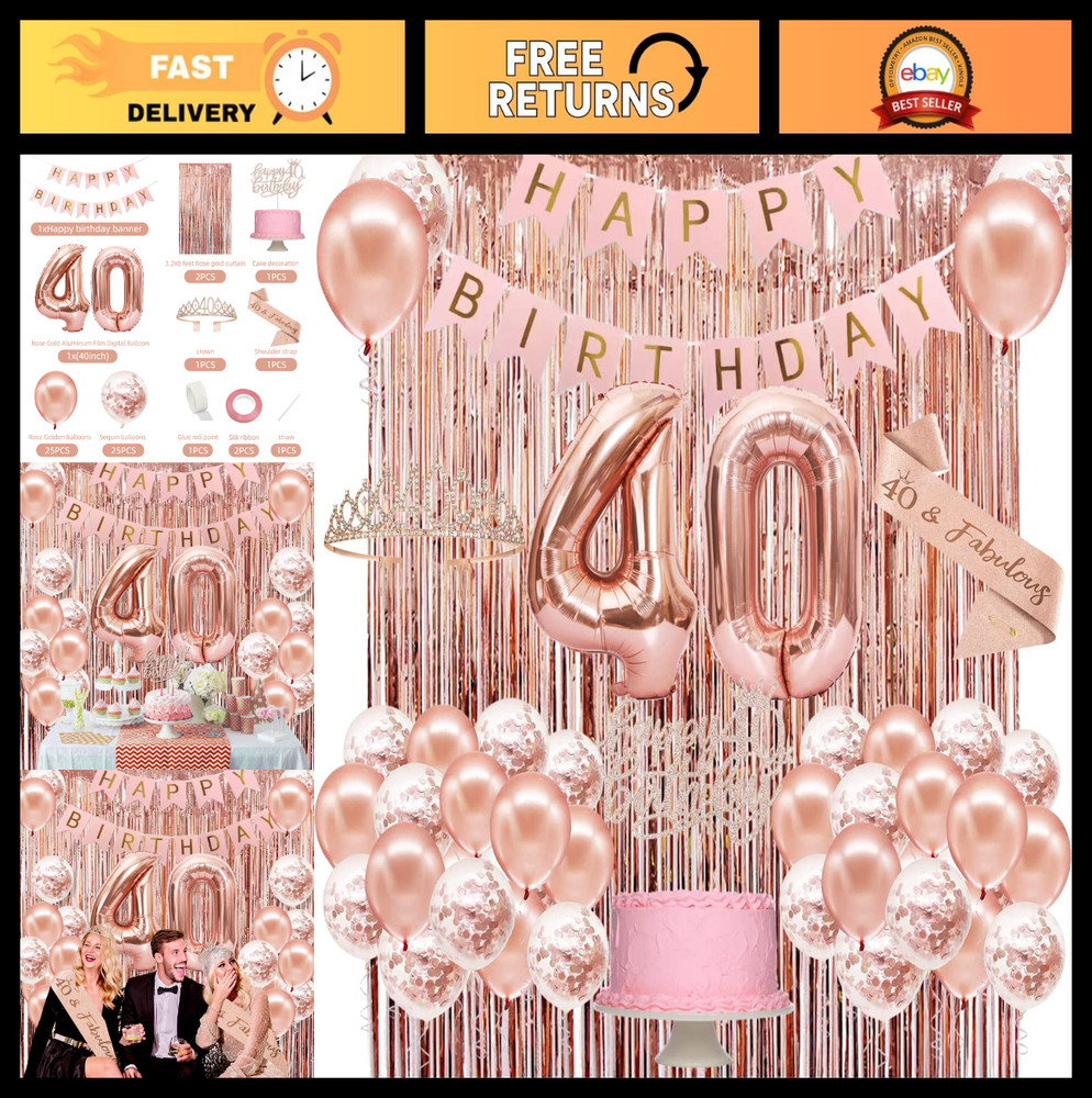 40th Birthday Decorations Set for Women – Rose Gold Crown, Sash, Banner, Balloon