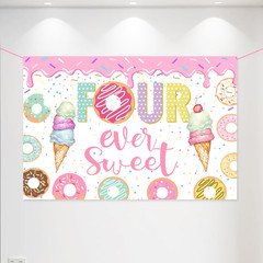Donut 4Th Birthday Party Banner, Pink, Standard Banner, Wall Mount, Celebrating