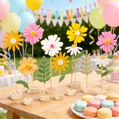 11 PCS Felt Flowers Decorations Daisy Centerpieces Wooden Base Pastel Decor