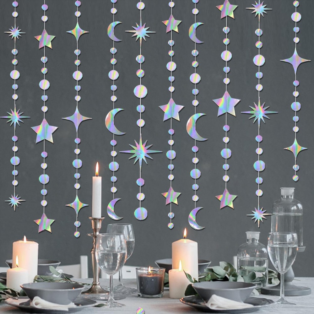 4 Pack Multi Iridescent Party Garland Star&Moon Holographic