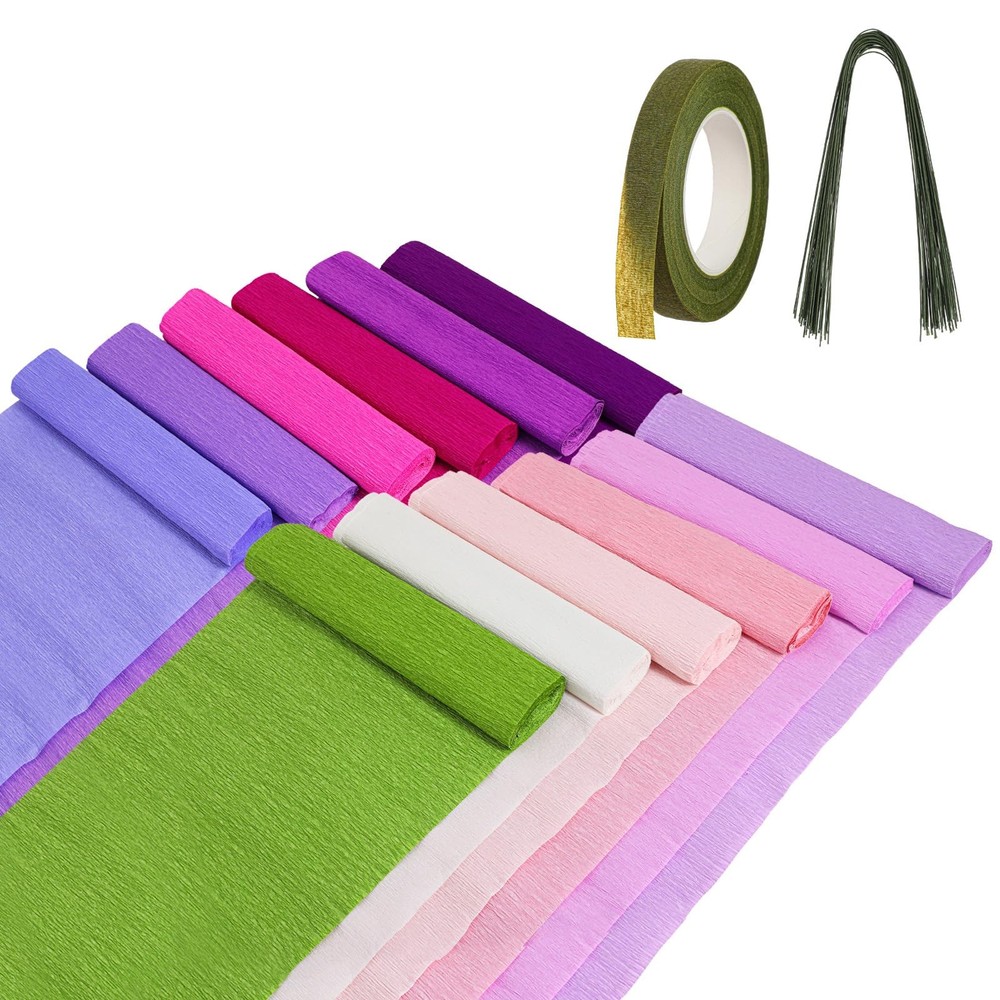 12 Rolls Crepe Paper Sheets 10×98 Inch 50 PCS Green Floral Wire Tapes Set