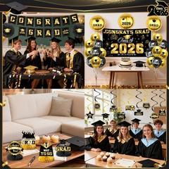 Graduation Decorations 2026-Black and Gold Graduation Party Decorations Supplies
