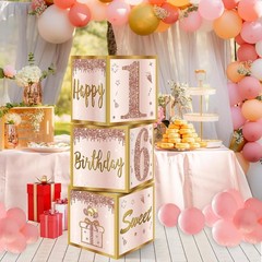 3Pcs Sweet 16 Party Decorations Boxes for Girls Women, Pink Rose Gold 16th Bi…