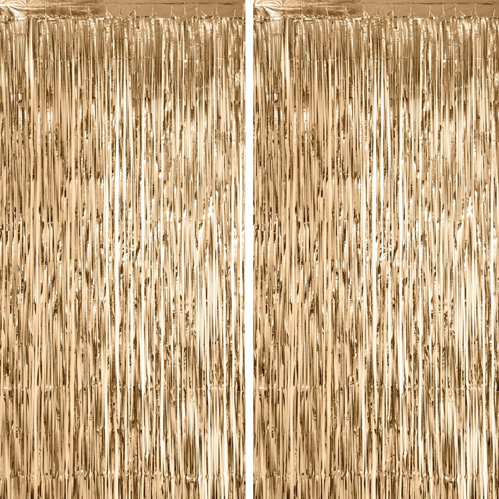 Voircoloria 2 Pack Champagne Foil Fringe Backdrop Curtains, Tinsel Streamers
