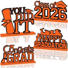 4 PCS Orange Black Class Of 2026 Graduation Wooden Party Table Centerpieces