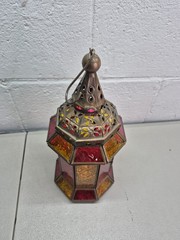 Ramadan Lantern Brass Finish Stained Glass Red Yellow 13″ Moroccan Hanging Lamp