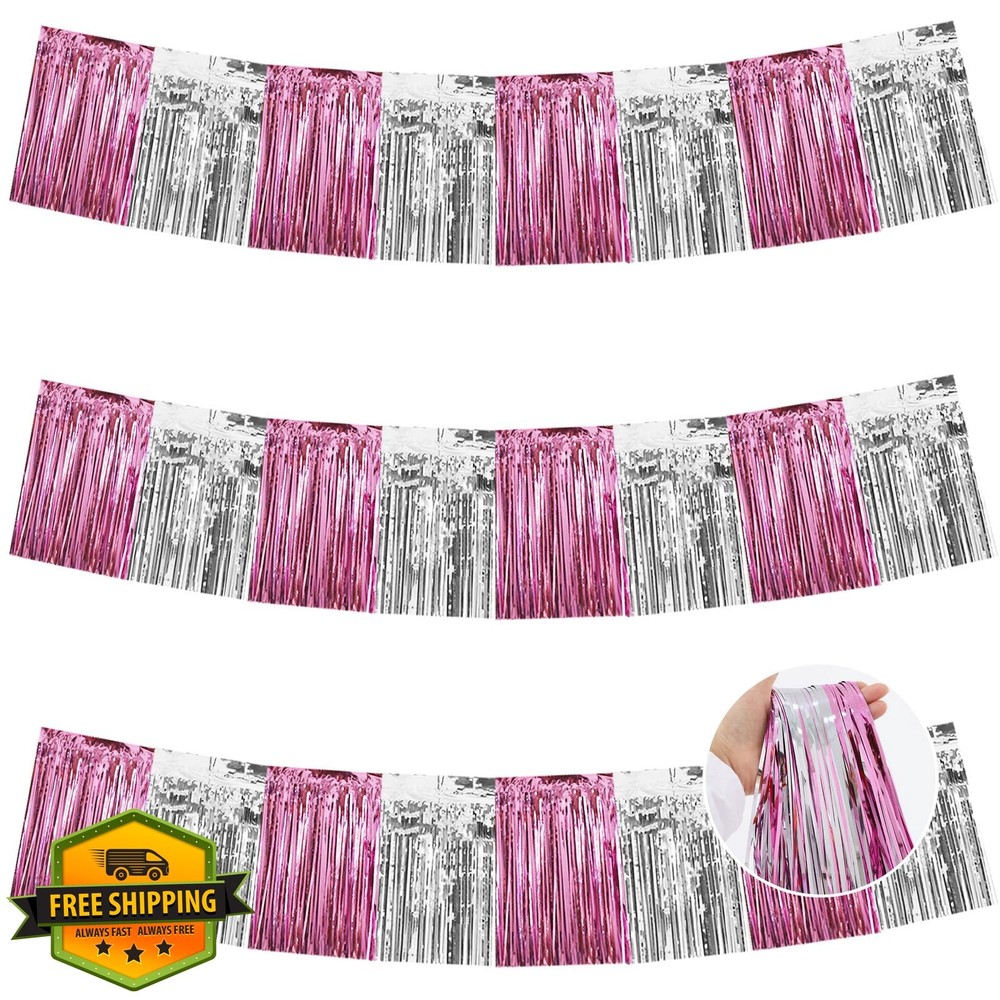 BEISHIDA 3pk Pink Silver Foil Fringe Garland 30ft Wall Hanging Tinsel Banner
