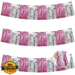 BEISHIDA 3pk Pink Silver Foil Fringe Garland 30ft Wall Hanging Tinsel Banner