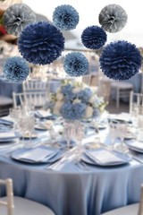 Navy Dusty Blue and Gray Hanging Flowers Tissue Pom Poms Party Decorations Wa…