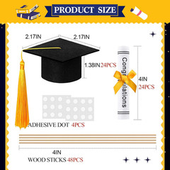 48 Pcs Mini Graduation Cap Decorations 2026 Black Felt Small Grad Cap with Gold