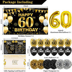 30PCS 60Th Birthday Decorations for Men Women, Black Gold Vintage 1966 Banner Ho