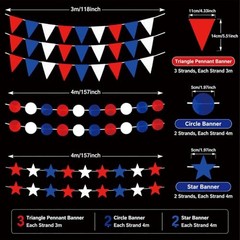 52FT USA Patriotic Party Decorations (3 Pennant+2 Star Strands + 2 Dot Strands)