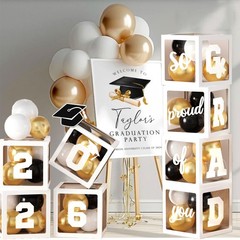 2026 Graduation Party Decorations, 4Pcs White Boxes with 30Pcs Black White Go…