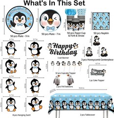 Penguin Themed Birthday Tableware Includes Tablecover, Utensils, Decorations