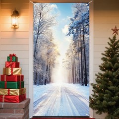 Christmas Door Cover for Front Christmas Door Decorations Festive Snowy Fores…