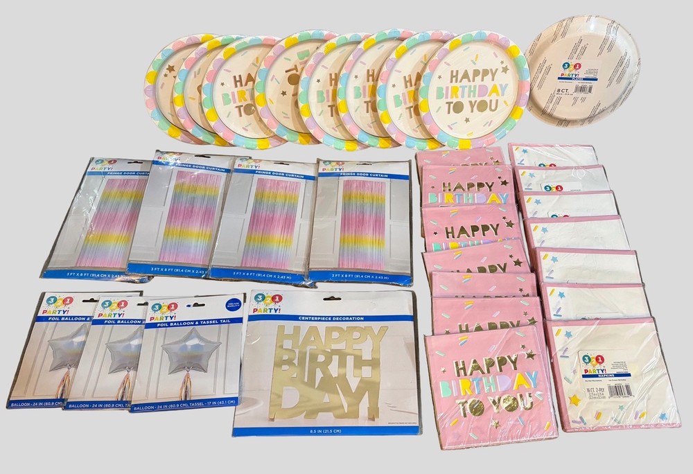 31Pc Pastel Birthday Party Supplies Bundle Plates Napkins Decor Curtains Set