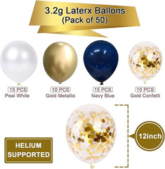 50 Pack Navy Blue Gold Confetti Balloons Pearl White & Metallic Chrome 12 Inch