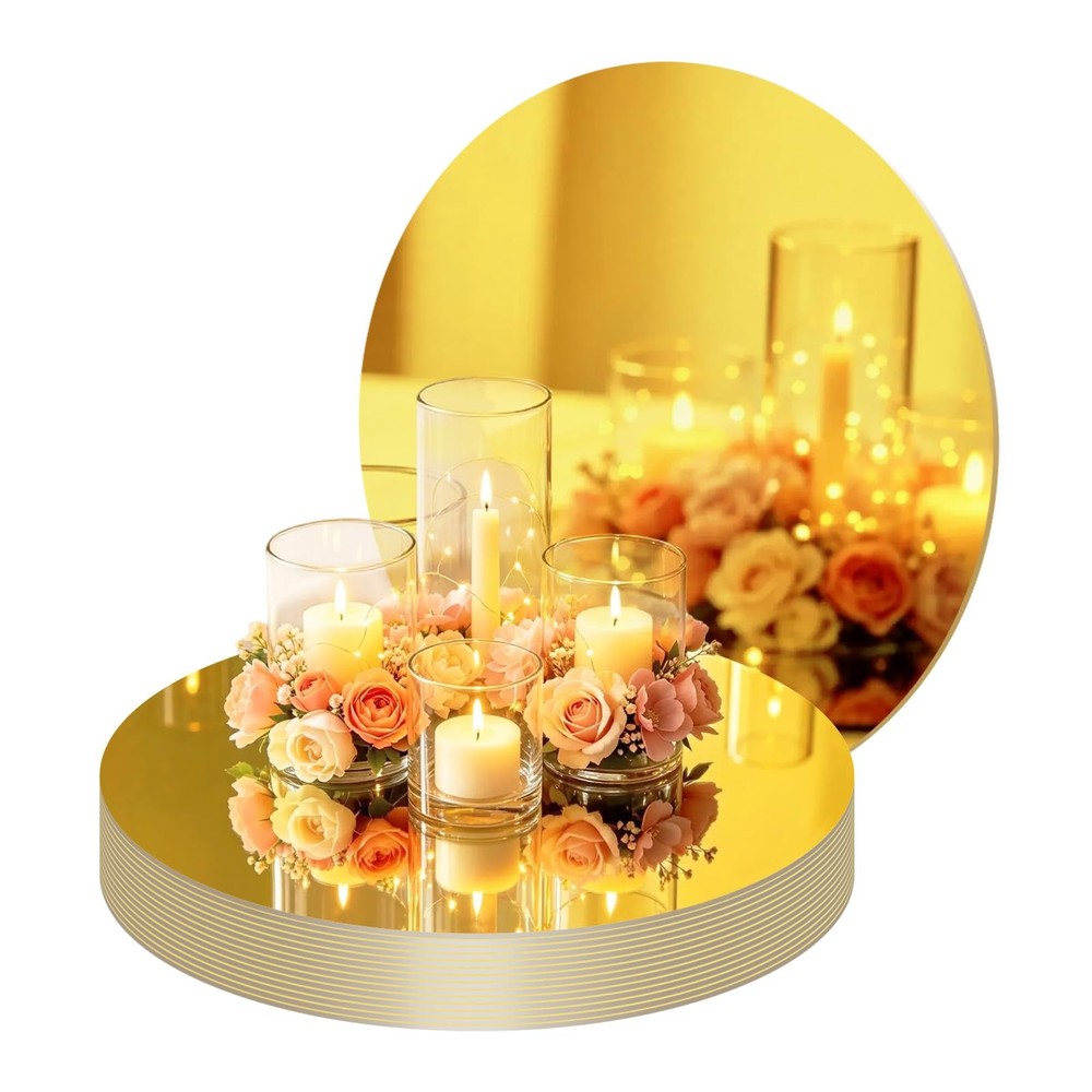 13 PCS 8 Inch 20cm Gold Acrylic Round Mirror Plates Centerpieces Candle Tray