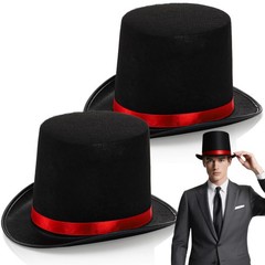 2 Pack Black Felt Top Hats, Funny Party Hat with Red Band, Tuxedo Vampire For…