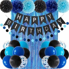 Blue Black Birthday Decorations Banner Balloons Pom Poms Foil Curtain Party S…