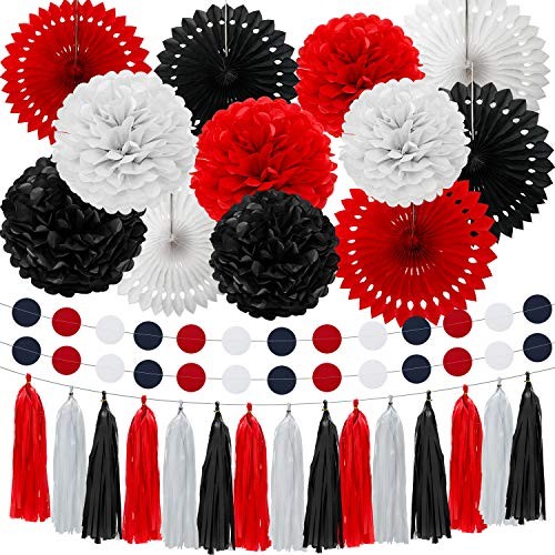 29 Pcs Red and Black Decorations Decoration Fan Pom Pom Honeycomb Flower Tiss…