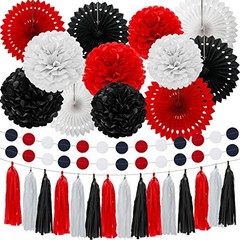 29 Pcs Red and Black Decorations Decoration Fan Pom Pom Honeycomb Flower Tiss…