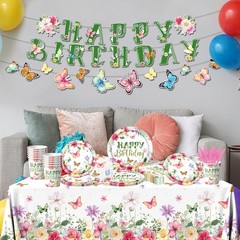Flower Birthday Decorations, 170Pcs Butterfly Floral Pink, Green