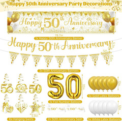 50Th Wedding Anniversary Decorations, White Gold Happy 50Th Anniversary Banner H