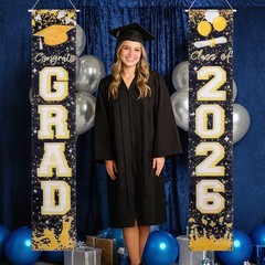 Blcak & Gold Graduation Decorations 2026 – 2 Pack Large Hanging Banners “Clas…