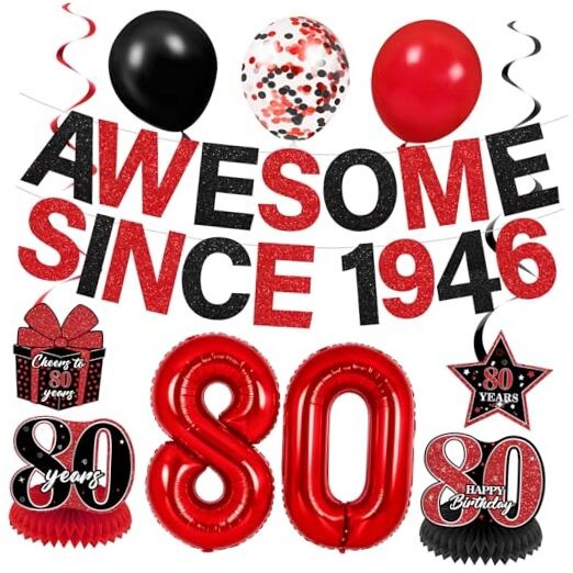 Red Black 80th Birthday Decorations with 32 Inch Number 80 80th Birthday (1946)