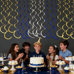 36 Pcs Blue Gold Hanging Swirl Decorations Royal Blue Glitter Gold Beige Felt Sw
