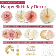 Boho Pink Birthday Party Decorations, Happy Banner, Paper Lanterns, Peach Stream