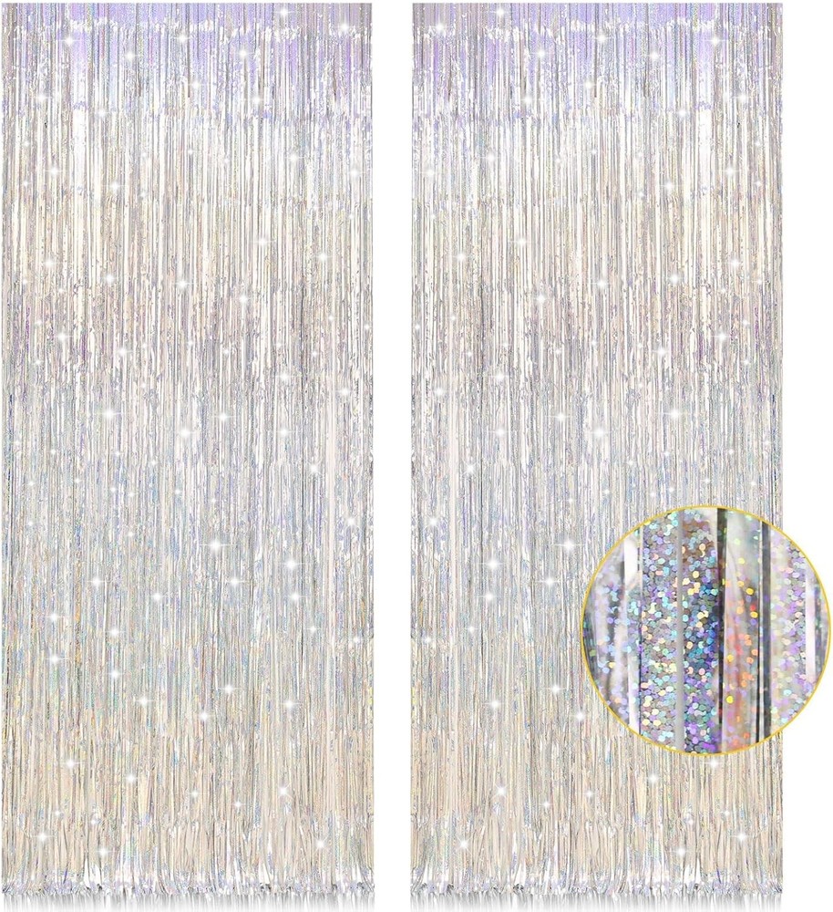 2 Pack 3.2ft x 8.2ft Silver Metallic Tinsel Foil Fringe Curtains, Door Streamer