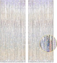2 Pack 3.2ft x 8.2ft Silver Metallic Tinsel Foil Fringe Curtains, Door Streamer