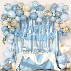 Blue Birthday Decorations, Dusty blue Sand White Confetti Foil Balloons Happy…