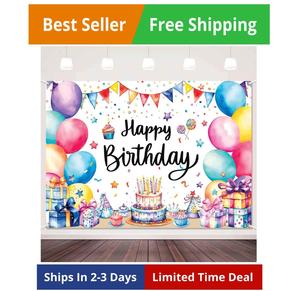 7x5ft Colorful Birthday Backdrop Banner Large Happy Birthday Party Decoration…