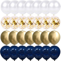 50 Pack Navy Blue Gold Confetti Balloons Pearl White & Metallic Chrome 12 Inch