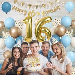 Sweet 16Th Birthday Decorations for Boys Girls, Dusty Blue Cream White Gold 16