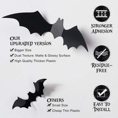 60PCS Halloween Bats Decoration, 4 Different Sizes Realistic PVC Black 3D Sca…