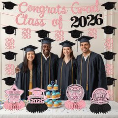 Pink Graduation Decorations 2026 Set Include Glitter Class of 2026 Banner Garlan