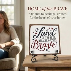 July 4th Wooden Plaque With Iron Stand – Free & Brave – 4″X4″ Wood Sign For